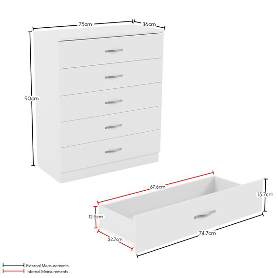 Vida Designs-Weiße Kommode, 5 Schubladen mit Metallgriffen und Führungen, einzigartiger Schubladenhalter mit Anti-Knickschutz, Riano-Schlafzimmermöbel, Weiß, 90x36x75