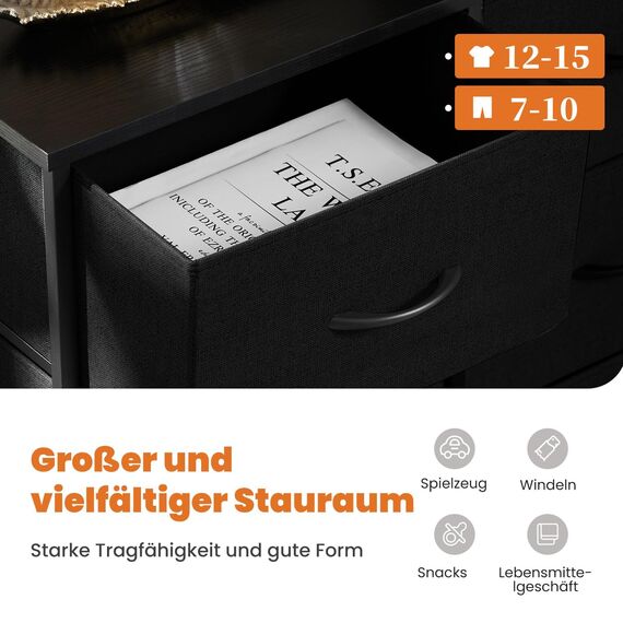 Sweetcrispy Kommode,Sideboard Wohnzimmer für Schlafzimmer mit 8 Stoffschubladen,Einstellbare Füße Schubladenschrank,Komodenschrank für Schlafzimmer,Klassisch Schwarz