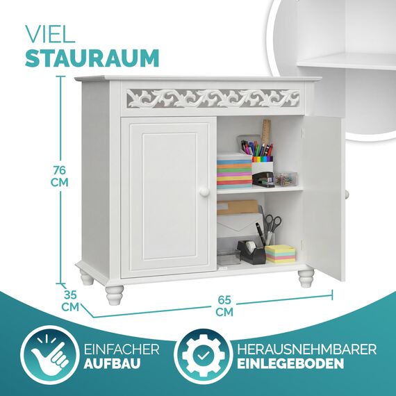 Casaria® Kommode Weiß Wohnzimmer Flur Holz Sideboard 2 Türen Landhaus Stil Schlafzimmer Kommodenschrank herausnehmbarer Boden Schmal 76x65x35cm Klein