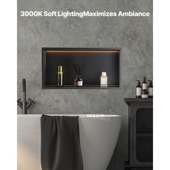 VEVOR Duschnische, 10,16x33,02x63,5 cm, versenkte Wandnische mit LED-Streifen, Shampoo-Aufbewahrungs-Organizer aus Edelstahl, langlebig, schwarz für Badezimmer