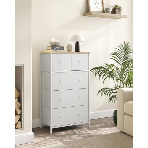 SONGMICS Kommode, Aufbewahrungsschrank, 5 Stoffschubladen, für Flur, Wohnzimmer, weiß-eichenfarben LTS514W57