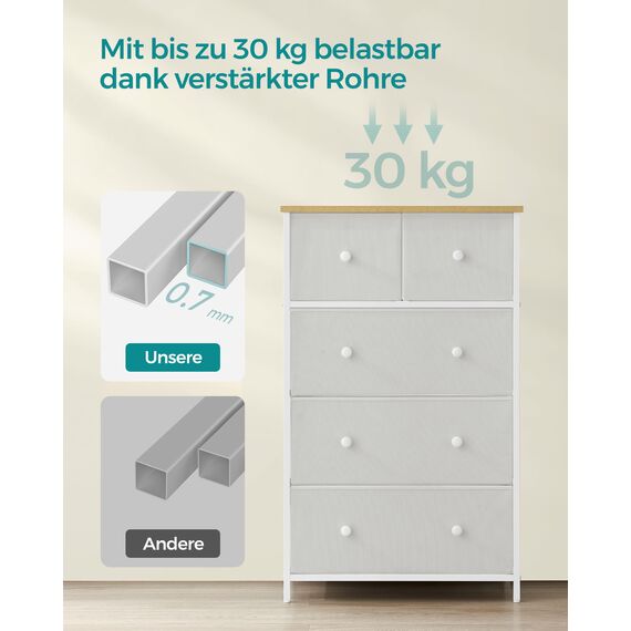 SONGMICS Kommode, Aufbewahrungsschrank, 5 Stoffschubladen, für Flur, Wohnzimmer, weiß-eichenfarben LTS514W57