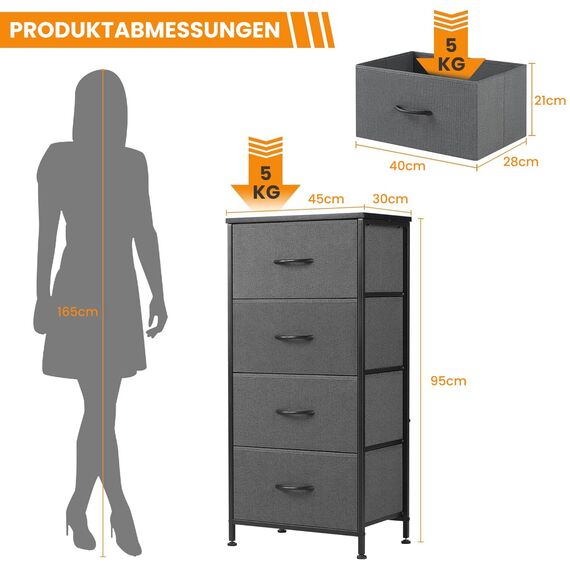 DUMOS Kommode mit Schubladen - kommoden & Sideboards für Schlafzimmer Geeignet, Komodenschrank mit 4 Schubladen, Stoffkommode mit Stabilem Stahlrahmen, Ideal für Schlafzimmer, Wohnzimmer (Grau)