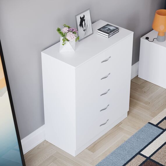 Vida Designs-Weiße Kommode, 5 Schubladen mit Metallgriffen und Führungen, einzigartiger Schubladenhalter mit Anti-Knickschutz, Riano-Schlafzimmermöbel, Weiß, 90x36x75