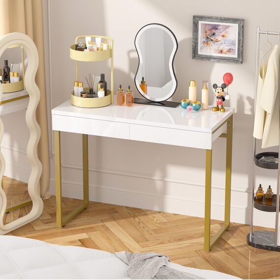 GreenForest Schminktisch mit Schubladen, weiß und gold, für Schlafzimmer