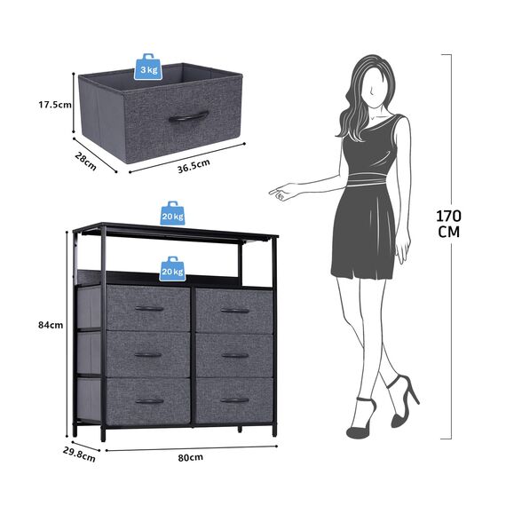 LYNCOHOME Kommode mit Schubladen aus Stoff, Sideboard Flur Schrank mit 6 Stoffschubladen und Fächern, Schubladenschrank Ordnungsmöbel für Küche Büro Bedroom