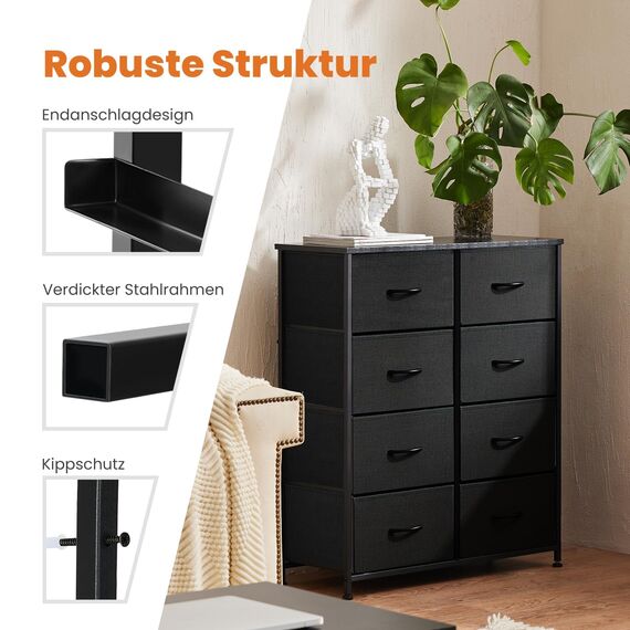 Sweetcrispy Kommode,Sideboard Wohnzimmer für Schlafzimmer mit 8 Stoffschubladen,Einstellbare Füße Schubladenschrank,Komodenschrank für Schlafzimmer,Klassisch Schwarz