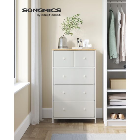 SONGMICS Kommode, Aufbewahrungsschrank, 5 Stoffschubladen, für Flur, Wohnzimmer, weiß-eichenfarben LTS514W57