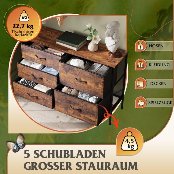 WLIVE Kommode mit 5 Schubladen aus Stoff, Kommodenschrank für Schlafzimmer, Kommode Wohnzimmer, mit Stabiler Stahlrahmen und Holzplatte, Vintagebraun