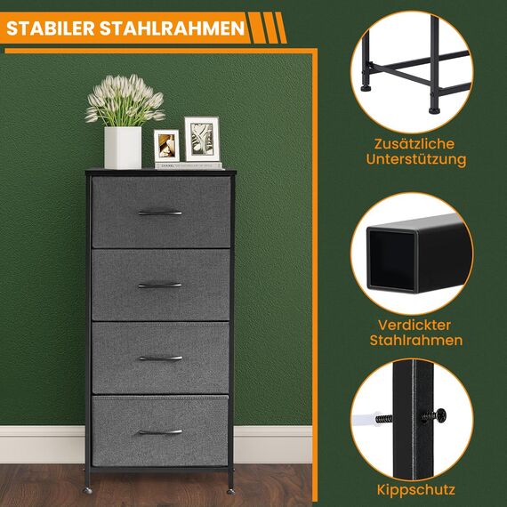 DUMOS Kommode mit Schubladen - kommoden & Sideboards für Schlafzimmer Geeignet, Komodenschrank mit 4 Schubladen, Stoffkommode mit Stabilem Stahlrahmen, Ideal für Schlafzimmer, Wohnzimmer (Grau)