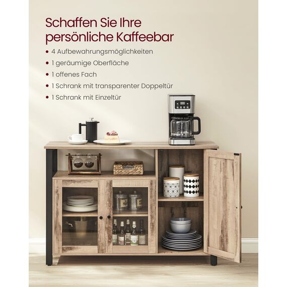 VASAGLE Sideboard, Küchenschrank, Aufbewahrungsschrank, mit 3 Türen, für Wohnzimmer, Küche, Esszimmer, 33 x 110 x 75 cm, Landhausstil, eichenbraun-schwarz LSC096B50