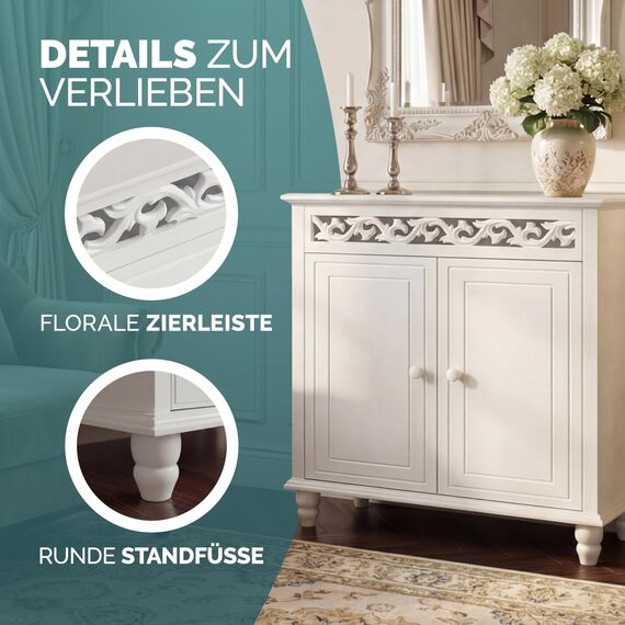 Casaria® Kommode Weiß Wohnzimmer Flur Holz Sideboard 2 Türen Landhaus Stil Schlafzimmer Kommodenschrank herausnehmbarer Boden Schmal 76x65x35cm Klein