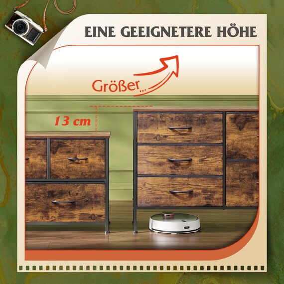 WLIVE Kommode mit 5 Schubladen aus Stoff, Kommodenschrank für Schlafzimmer, Kommode Wohnzimmer, mit Stabiler Stahlrahmen und Holzplatte, Vintagebraun