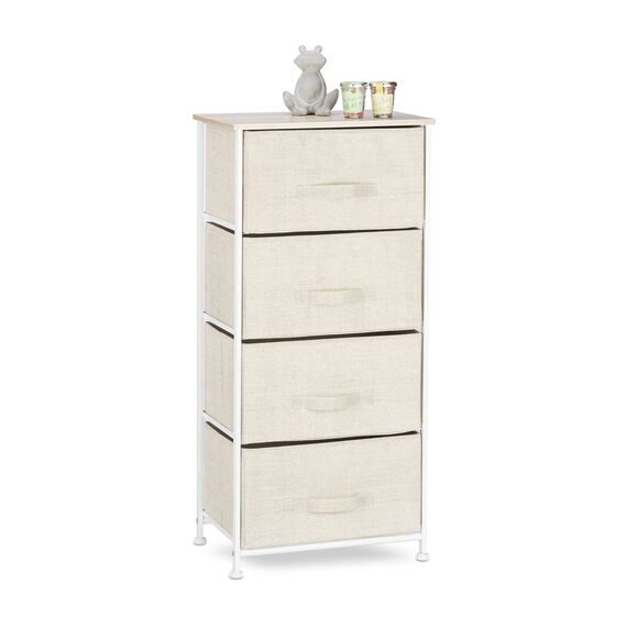Relaxdays Regalsystem, 4 Stoff-Schubladen, universale Schubladenbox, Metall und Holz, HxBxT: 95 x 45 x 30 cm, beige, Design B