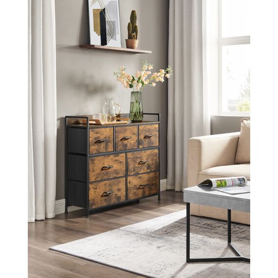 SONGMICS Kommode, Schrank, 7 Stoffschubladen mit Griffen, Metallgestell, Industrie-Design, vintagebraun-tintenschwarz LTS137B01