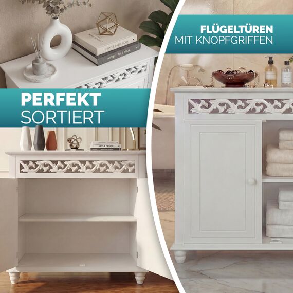 Casaria® Kommode Weiß Wohnzimmer Flur Holz Sideboard 2 Türen Landhaus Stil Schlafzimmer Kommodenschrank herausnehmbarer Boden Schmal 76x65x35cm Klein