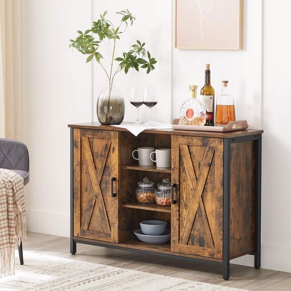 VASAGLE Sideboard, Küchenschrank, offene Regalfächer, Beistellschrank mit Türen, 100 x 35 x 70 cm, Industrie-Design, vintagebraun-schwarz LSC098B01