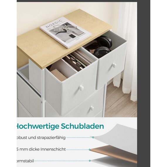 SONGMICS Kommode, Aufbewahrungsschrank, 5 Stoffschubladen, für Flur, Wohnzimmer, weiß-eichenfarben LTS514W57