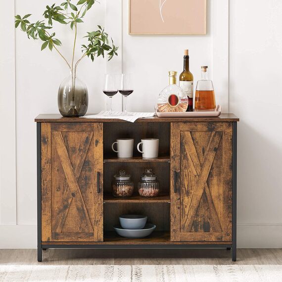 VASAGLE Sideboard, Küchenschrank, offene Regalfächer, Beistellschrank mit Türen, 100 x 35 x 70 cm, Industrie-Design, vintagebraun-schwarz LSC098B01