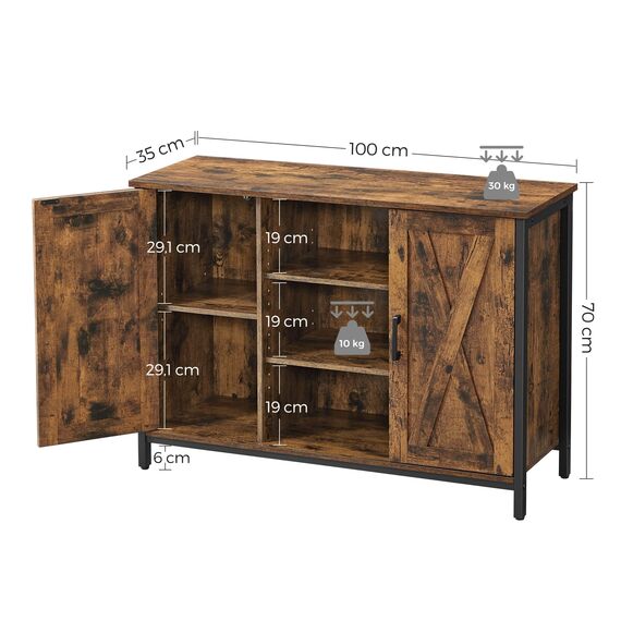 VASAGLE Sideboard, Küchenschrank, offene Regalfächer, Beistellschrank mit Türen, 100 x 35 x 70 cm, Industrie-Design, vintagebraun-schwarz LSC098B01