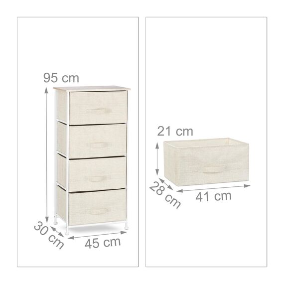 Relaxdays Regalsystem, 4 Stoff-Schubladen, universale Schubladenbox, Metall und Holz, HxBxT: 95 x 45 x 30 cm, beige, Design B