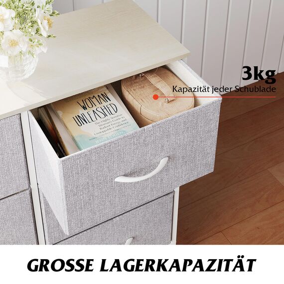 WLIVE Kommode mit 6 Schubladen aus Stoff, Kommodenschrank für Schlafzimmer, Kommode Wohnzimmer, mit Stabiler Stahlrahmen, Holzplatte, Hellgrau