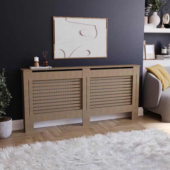 Vida Designs Milton Heizkörperabdeckung Unfinished - Extra Groß - Modernes horizontales Lamellendesign für Wärmeverteilung - H82xW172xD19cm - Unlackiertes MDF-Möbel Ideal für Wohnzimmer und Flur
