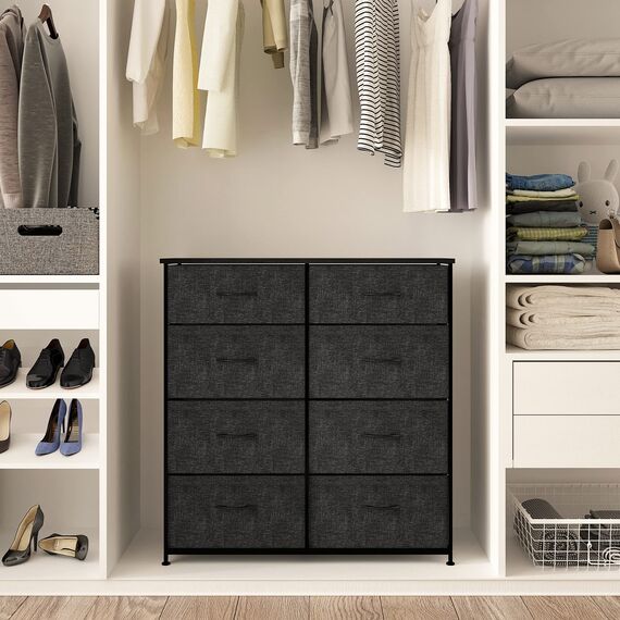 YITAHOME kommode mit Schubladen, Schrank mit 8 Schubladen aus Stoff, Modernen Stil, Stabiler Metallrahmen, Holztischplatte, Aufbewahrungskommode für Schlafzimmer, Wohnzimmer, Flur, Schwarz und Grau