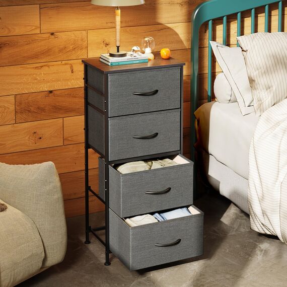 WLIVE Kommode mit 4 Schubladen aus Stoff, Kommodenschrank für Schlafzimmer, Kommode Wohnzimmer, mit Stabiler Stahlrahmen, Holzplatte, Dunkelgrau