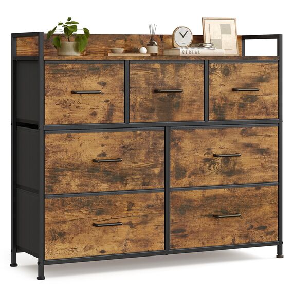SONGMICS Kommode, Schrank, 7 Stoffschubladen mit Griffen, Metallgestell, Industrie-Design, vintagebraun-tintenschwarz LTS137B01