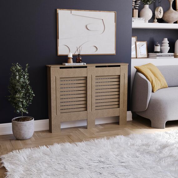 Vida Designs Milton Heizkörperabdeckung Unfinished - Mittel - Modernes horizontales Lamellendesign für optimale Wärmeverteilung - H82xW111xD19cm - Unlackiertes MDF-Möbel Ideal für Wohnzimmer und Flur