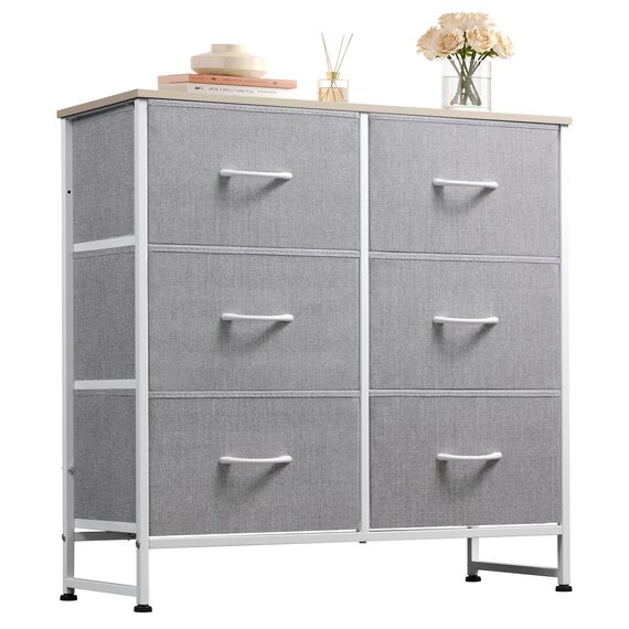 WLIVE Kommode mit 6 Schubladen aus Stoff, Kommodenschrank für Schlafzimmer, Kommode Wohnzimmer, mit Stabiler Stahlrahmen, Holzplatte, Hellgrau