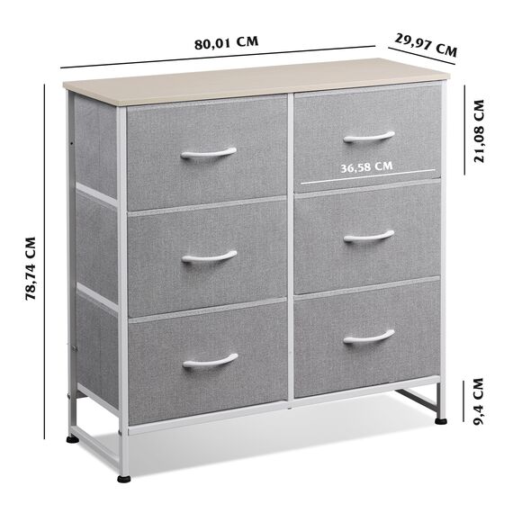 WLIVE Kommode mit 6 Schubladen aus Stoff, Kommodenschrank für Schlafzimmer, Kommode Wohnzimmer, mit Stabiler Stahlrahmen, Holzplatte, Hellgrau