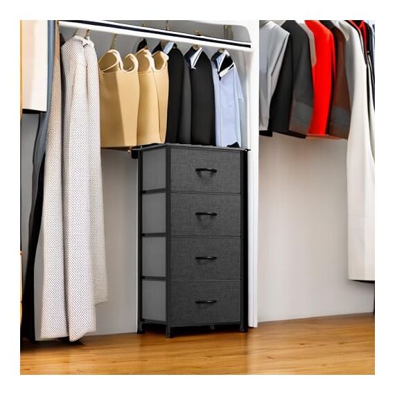YITAHOME Kommode mit Schubladen, Schrank mit 4 Schubladen aus Stoff, Aufbewahrungskommode Industrial Stil für Schlafzimmer, Wohnzimmer, Kinderzimmer, Flur, Aufbewahrungsschrank (Schwarzgrau)