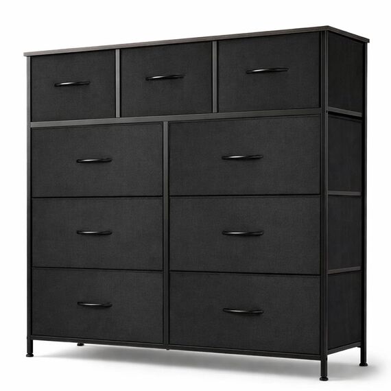 DUMOS Kommode mit Schubladen - Kommoden & Sideboards für Schlafzimmer Geeignet, Komodenschrank mit 9 Schubladen, Stoffkommode mit Stabilem Stahlrahmen, Ideal für Schlafzimmer, Wohnzimmer (Schwarz)