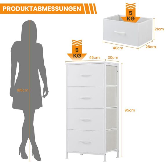 DUMOS Kommode mit Schubladen - kommoden & Sideboards für Schlafzimmer Geeignet, Komodenschrank mit 4 Schubladen, Stoffkommode mit Stabilem Stahlrahmen, Ideal für Schlafzimmer, Wohnzimmer (Weiß)