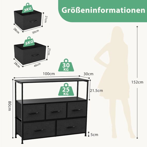 DUMOS Kommode mit Schubladen - kommoden & Sideboards für Schlafzimmer Geeignet, Komodenschrank mit 5 Schubladen, TV-Schrank mit Stabilem Stahlrahmen, Ideal für Schlafzimmer, Wohnzimmer (Schwarz)