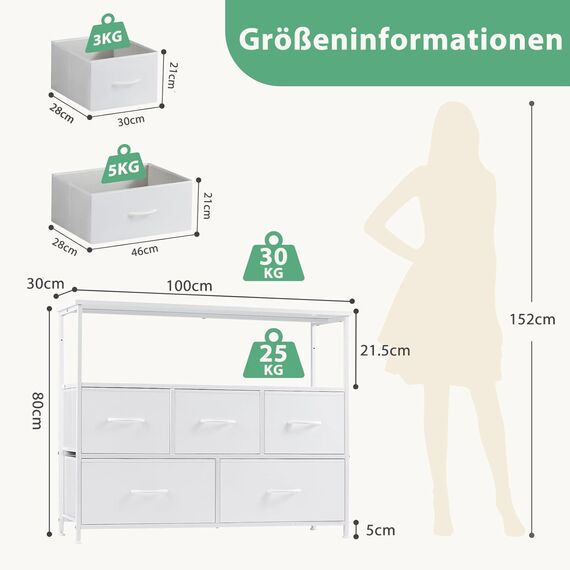 DUMOS Kommode mit Schubladen - kommoden & Sideboards für Schlafzimmer Geeignet, Komodenschrank mit 5 Schubladen, TV-Schrank mit Stabilem Stahlrahmen, Ideal für Schlafzimmer, Wohnzimmer (Weiß)