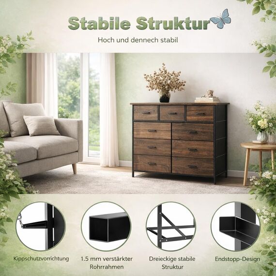 DUMOS Kommode mit Schubladen - Kommoden & Sideboards für Schlafzimmer Geeignet, Komodenschrank mit 9 Schubladen, Stoffkommode mit Stabilem Stahlrahmen, Ideal für Schlafzimmer, Wohnzimmer(Vintagebraun)
