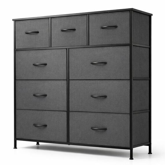 DUMOS Antonia Kommode für Schlafzimmer mit 9 Stoffschubladen, hohe Kommode Organizer für Kleidung, Schrank, Kinderzimmer, Aufbewahrungsturm mit Schrank, Metallrahmen, Holzplatte