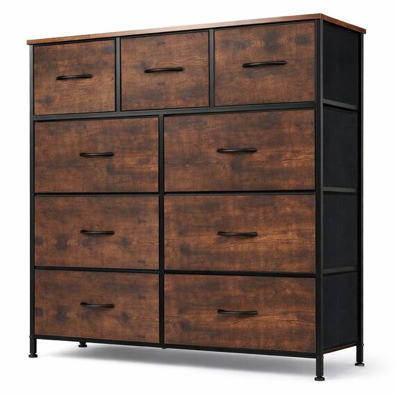 DUMOS Kommode mit Schubladen - Kommoden & Sideboards für Schlafzimmer Geeignet, Komodenschrank mit 9 Schubladen, Stoffkommode mit Stabilem Stahlrahmen, Ideal für Schlafzimmer, Wohnzimmer(Vintagebraun)