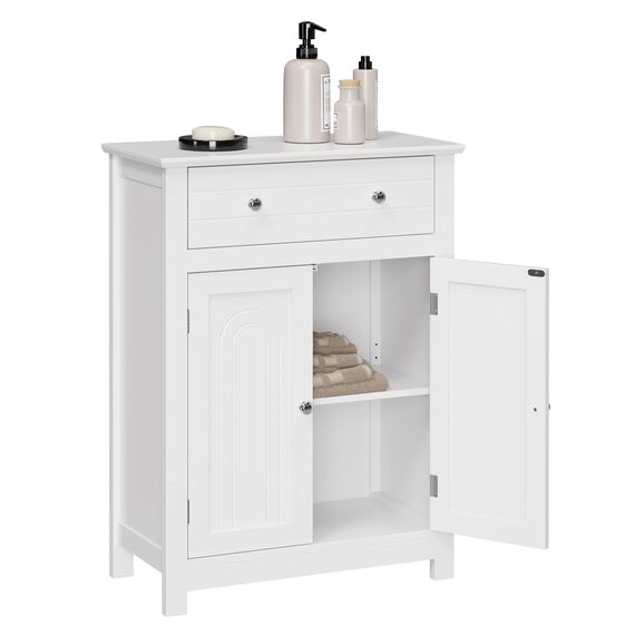 VASAGLE Badezimmerschrank, Badschrank mit Schublade und verstellbarem Zwischenfach, Aufbewahrungsschrank, Landhausstil, 60 x 30 x 80 cm, weiß BBC61WT