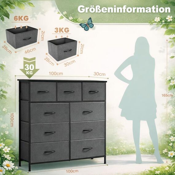 DUMOS Antonia Kommode für Schlafzimmer mit 9 Stoffschubladen, hohe Kommode Organizer für Kleidung, Schrank, Kinderzimmer, Aufbewahrungsturm mit Schrank, Metallrahmen, Holzplatte