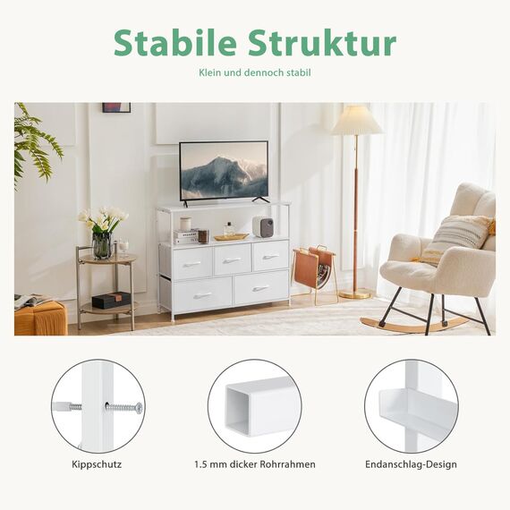 DUMOS Kommode mit Schubladen - kommoden & Sideboards für Schlafzimmer Geeignet, Komodenschrank mit 5 Schubladen, TV-Schrank mit Stabilem Stahlrahmen, Ideal für Schlafzimmer, Wohnzimmer (Weiß)