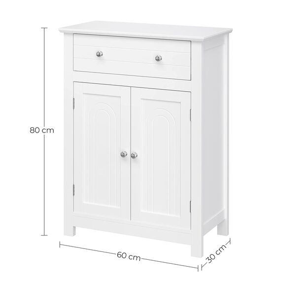 VASAGLE Badezimmerschrank, Badschrank mit Schublade und verstellbarem Zwischenfach, Aufbewahrungsschrank, Landhausstil, 60 x 30 x 80 cm, weiß BBC61WT
