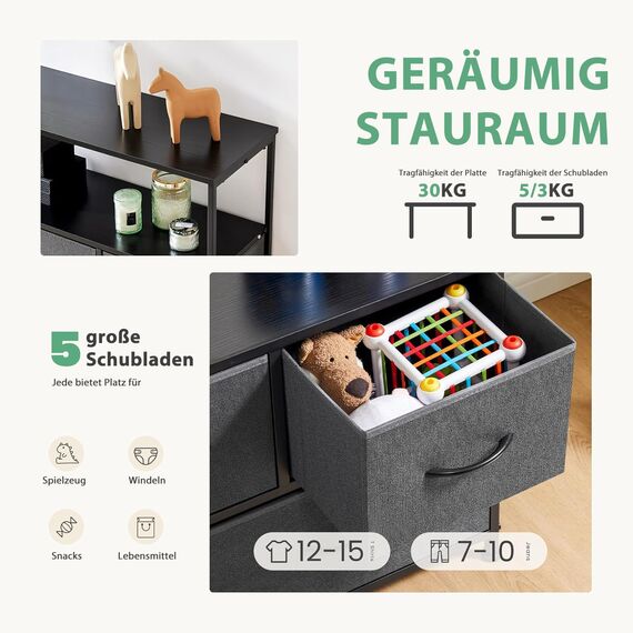 DUMOS Kommode mit Schubladen - kommoden & Sideboards für Schlafzimmer Geeignet, Komodenschrank mit 5 Schubladen, TV-Schrank mit Stabilem Stahlrahmen, Ideal für Schlafzimmer, Wohnzimmer (Grau)