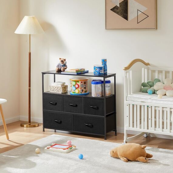 DUMOS Kommode mit Schubladen - kommoden & Sideboards für Schlafzimmer Geeignet, Komodenschrank mit 5 Schubladen, TV-Schrank mit Stabilem Stahlrahmen, Ideal für Schlafzimmer, Wohnzimmer (Schwarz)