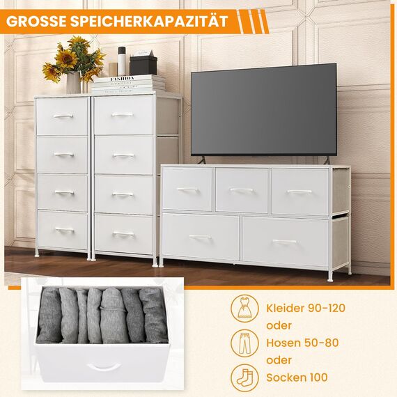 DUMOS Kommode mit Schubladen - kommoden & Sideboards für Schlafzimmer Geeignet, Komodenschrank mit 4 Schubladen, Stoffkommode mit Stabilem Stahlrahmen, Ideal für Schlafzimmer, Wohnzimmer (Weiß)
