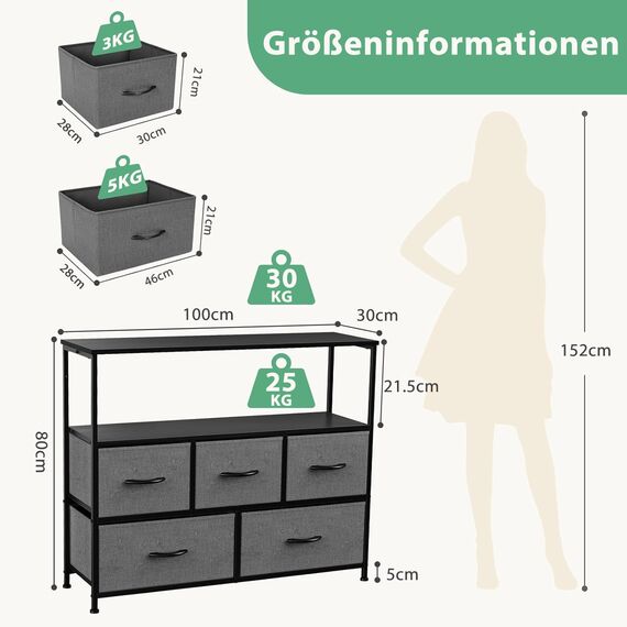 DUMOS Kommode mit Schubladen - kommoden & Sideboards für Schlafzimmer Geeignet, Komodenschrank mit 5 Schubladen, TV-Schrank mit Stabilem Stahlrahmen, Ideal für Schlafzimmer, Wohnzimmer (Grau)