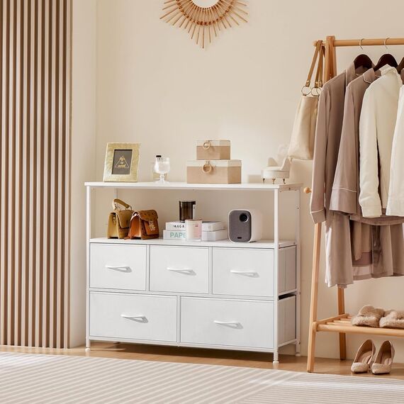 DUMOS Kommode mit Schubladen - kommoden & Sideboards für Schlafzimmer Geeignet, Komodenschrank mit 5 Schubladen, TV-Schrank mit Stabilem Stahlrahmen, Ideal für Schlafzimmer, Wohnzimmer (Weiß)